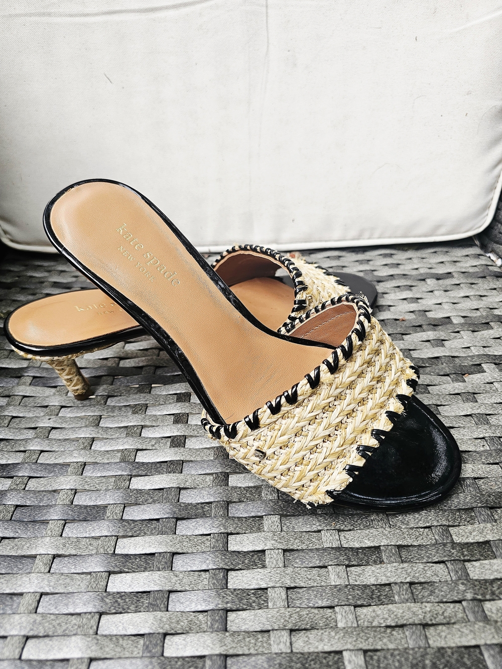 Kate Spade New York "Seberg" Raffia Kitten-Heel Sandals